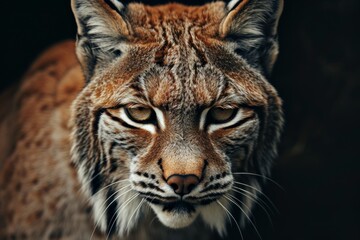 Mystic portrait of Lynx canadensis a in studio, copy space on right side, Anger, Menacing, Headshot, Close-up View Isolated on black background