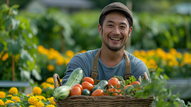 野菜を持つ農家の男性