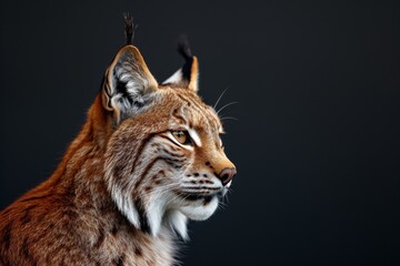 Obraz premium Mystic portrait of Lynx iberia a in studio, copy space on right side, Anger, Menacing, Headshot, Close-up View Isolated on black background