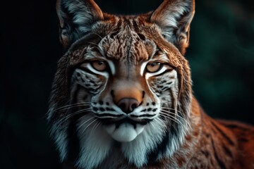 Fototapeta premium Mystic portrait of Lynx iberia a in studio, copy space on right side, Anger, Menacing, Headshot, Close-up View Isolated on black background