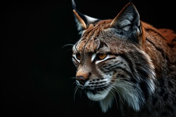 Obraz premium Mystic portrait of Lynx iberia a in studio, copy space on right side, Anger, Menacing, Headshot, Close-up View Isolated on black background