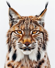 Obraz premium Mystic portrait of Lynx iberia, copy space on right side, Anger, Menacing, Headshot, Close-up View Isolated on white background