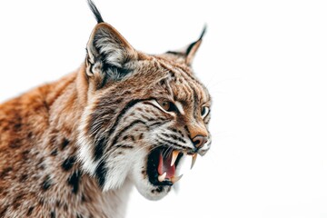Fototapeta premium Mystic portrait of Lynx iberia studio, copy space on right side, Anger, Menacing, Headshot, Close-up View Isolated on white background