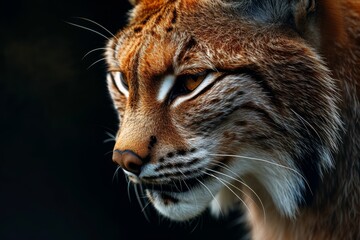 Fototapeta premium Mystic portrait of Lynx lynx a in studio, copy space on right side, Anger, Menacing, Headshot, Close-up View Isolated on black background