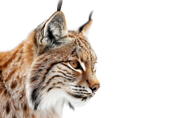 Fototapeta premium Mystic portrait of Lynx lynx studio, copy space on right side, Anger, Menacing, Headshot, Close-up View Isolated on white background