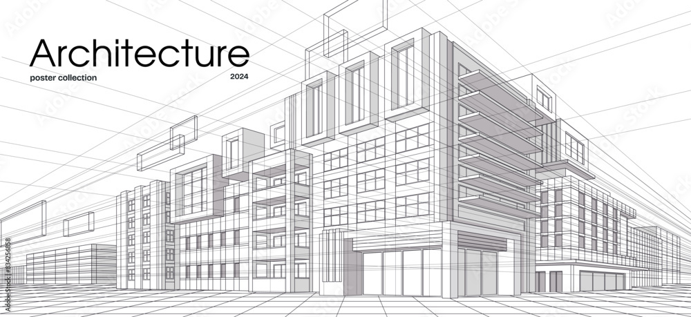 Wall mural abstract architecture. banner with model of urban building with perspective lines. landing page with