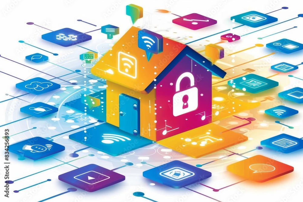 Poster digital smart home with integrated security system, colorful technology icons representing various s