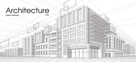Abstract architecture. Banner with model of urban building with perspective lines. Landing page with modern construction drawing. Outline isometric vector illustration isolated on white background