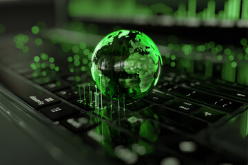Fototapeta premium On the keyboard of the laptop, there is a green globe with stock graphs displayed on the laptop screen. This is a green business concept. Carbon efficient technology. Digital sustainability