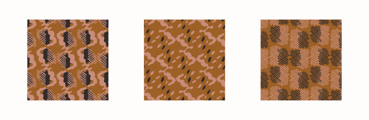 Tribal ethnic camouflage abstract pattern set design in fall color trend. Seamless rustic surface texture with neutral tone handwork mark making shapes.