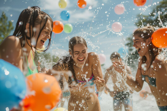 Young people playing and enjoying themselves in a water balloon battle, participating in fun camps, cooling off from the heat, and enjoying playful water activities - Powered by Adobe