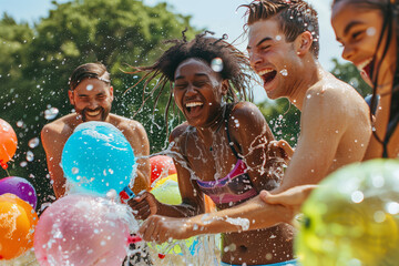 Young people playing and enjoying themselves in a water balloon battle, experiencing the fun of camps, cooling off from the summer heat, and engaging in water play