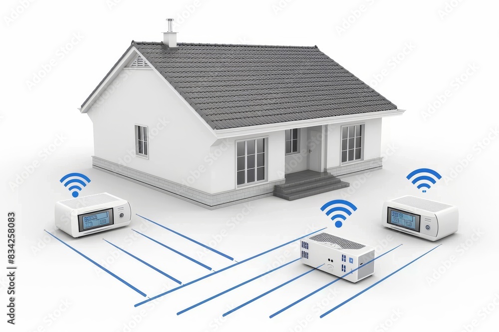 Poster smart home system with connected devices and network integration, showcasing modern technology and i