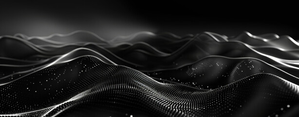 3d render of abstract futuristic black background with wave pattern made from glowing dots, low poly design element for graphic and web banner