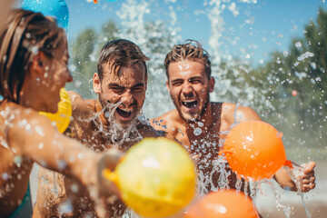 Young people playing and enjoying themselves in a water balloon battle, having fun, cooling off in the summer heat, and enjoying water games at camps