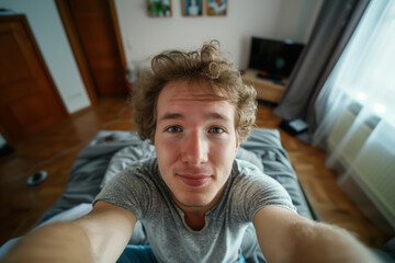 Fototapeta premium Realistic phone selfie made by a guy with curly hair without filters