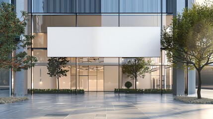 A banner mockup with a sleek, professional design, set against the glass facade of a corporate building