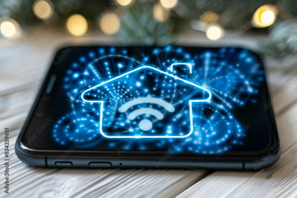 Poster digital illustration of a smart home network displayed on a smartphone, emphasizing mobile technolog