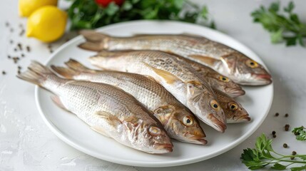 Freshly caught mullet fish on a white plate ready for immediate cooking