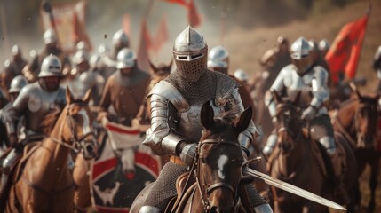 Armored knights charging on medieval battlefield