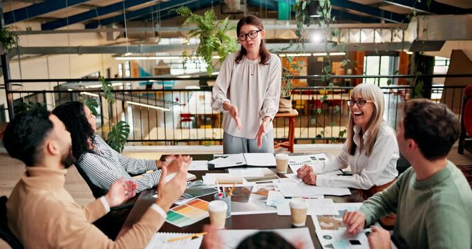 Meeting, presentation and business people in office for interior design, discussion and planning. Creative agency, documents and speaker with men and women for teamwork, feedback and collaboration