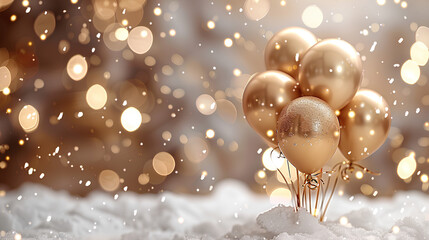 foil balloons 2025 in snowy golden festive background, christmas video and greeting card, holiday season celebration