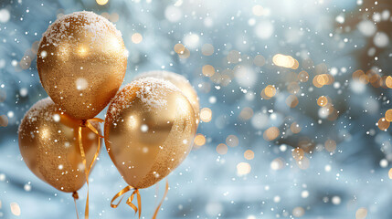 foil balloons 2025 in snowy golden festive background, christmas video and greeting card, holiday season celebration