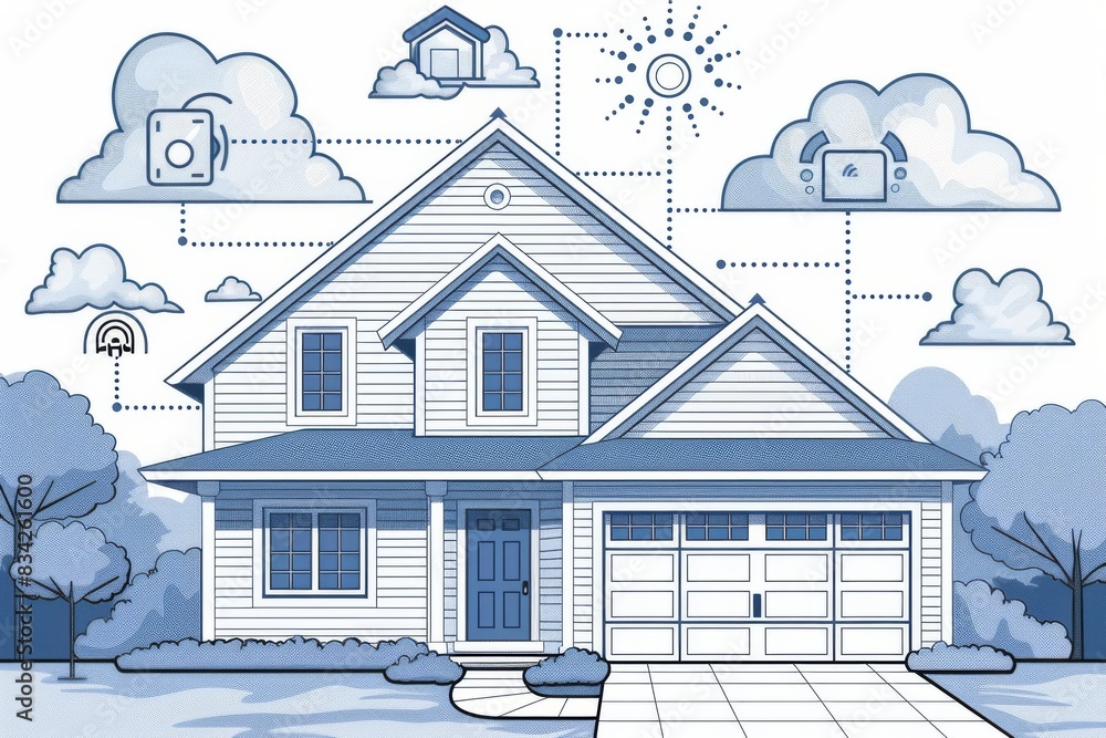 Poster illustration of a smart home with various connected devices, emphasizing technology integration and 