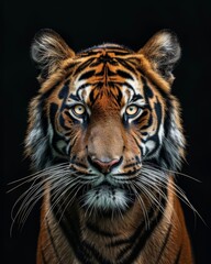 Fototapeta premium Mystic portrait of Bengal Tiger, copy space on right side, Anger, Menacing, Headshot, Close-up View Isolated on black background
