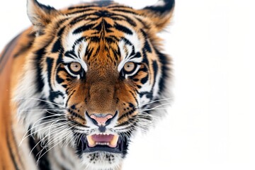 Fototapeta premium Mystic portrait of Bengal Tiger in studio, copy space on right side, Anger, Menacing, Headshot, Close-up View Isolated on white background