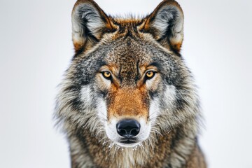 Obraz premium Mystic portrait of Gray Wolf Tiger in studio, copy space on right side, Anger, Menacing, Headshot, Close-up View Isolated on white background