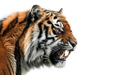 Fototapeta premium Mystic portrait of Himalayan Wolf Tiger in studio, copy space on right side, Anger, Menacing, Headshot, Close-up View Isolated on white background