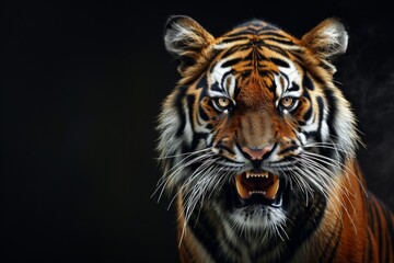 Fototapeta premium Mystic portrait of Bengal Tiger in studio, copy space on right side, Anger, Menacing, Headshot, Close-up View Isolated on black background