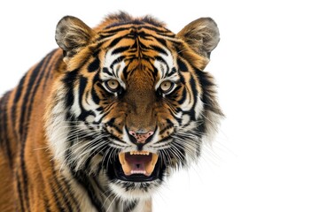 Naklejka premium Mystic portrait of Indochinese Tiger in studio, copy space on right side, Anger, Menacing, Headshot, Close-up View Isolated on white background