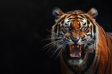 Mystic portrait of Indochinese Tiger in studio, copy space on right side, Anger, Menacing, Headshot, Close-up View Isolated on black background