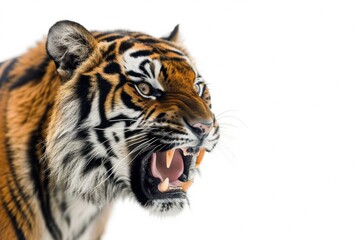 Obraz premium Mystic portrait of Indochinese Tiger in studio, copy space on right side, Anger, Menacing, Headshot, Close-up View Isolated on white background