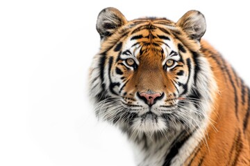 Fototapeta premium Mystic portrait of Siberian Tiger in studio, copy space on right side, Anger, Menacing, Headshot, Close-up View Isolated on white background