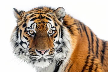 Mystic portrait of Siberian Tiger in studio, copy space on right side, Anger, Menacing, Headshot, Close-up View Isolated on white background