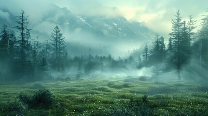 Mystical morning mist in a serene mountain forest