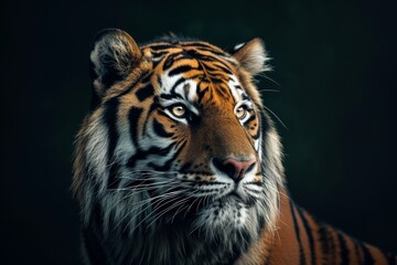 Mystic portrait of Siberian Tiger in studio, copy space on right side, Anger, Menacing, Headshot, Close-up View Isolated on black background