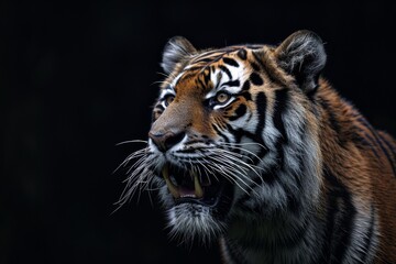Mystic portrait of Siberian Tiger in studio, copy space on right side, Anger, Menacing, Headshot, Close-up View Isolated on black background