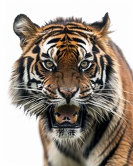 Fototapeta premium Mystic portrait of Sumatran Tiger, copy space on right side, Anger, Menacing, Headshot, Close-up View Isolated on white background