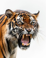 Obraz premium Mystic portrait of Sumatran Tiger, copy space on right side, Anger, Menacing, Headshot, Close-up View Isolated on white background