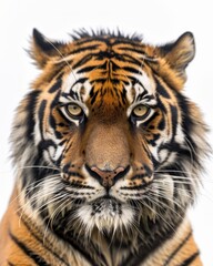 Obraz premium Mystic portrait of Sumatran Tiger, copy space on right side, Anger, Menacing, Headshot, Close-up View Isolated on white background