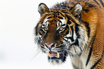 Naklejka premium Mystic portrait of Sumatran Tiger in studio, copy space on right side, Anger, Menacing, Headshot, Close-up View Isolated on white background