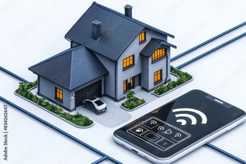 Poster smart home model with connected devices and network integration, emphasizing modern technology and c