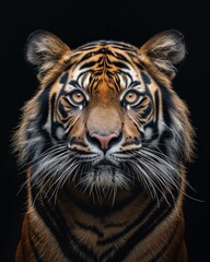 Fototapeta premium the Sumatran Tiger, portrait view, white copy space on right Isolated on black background