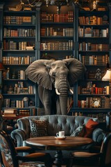 Fototapeta premium Elephant in a cozy library, warm lighting, vintage decor, front view