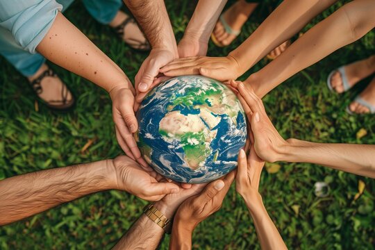 Diverse hands holding a globe together in unity on a green grassy background