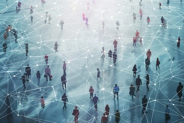 An aerial view of people walking on a city street, connected by a network of lines